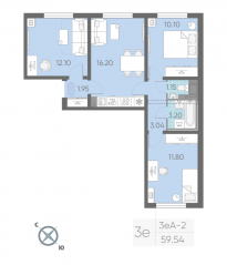 ЖК «Ручьи», планировка 3-комнатной квартиры, 58.60 м²