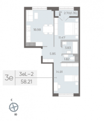 ЖК «Neva Residence», планировка 2-комнатной квартиры, 58.10 м²