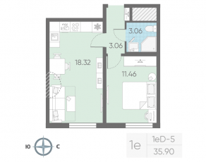 ЖК «Морская миля», планировка 1-комнатной квартиры, 35.90 м²