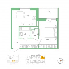 ЖК «Янила», планировка 1-комнатной квартиры, 38.00 м²