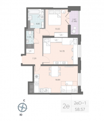 ЖК «Цивилизация на Неве», планировка 2-комнатной квартиры, 58.57 м²