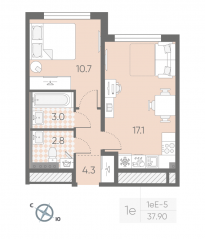 МЖК «Пулково Lake», планировка 1-комнатной квартиры, 37.90 м²
