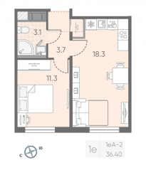 ЖК «Октябрьская набережная», планировка 1-комнатной квартиры, 36.40 м²