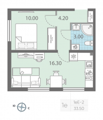 ЖК «ЛСР. Ржевский парк», планировка 1-комнатной квартиры, 33.50 м²
