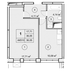 ЖК «Экоград Новый Катуар», планировка 1-комнатной квартиры, 36.05 м²