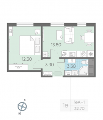 ЖК «ЛСР. Ржевский парк», планировка 1-комнатной квартиры, 32.70 м²