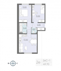 ЖК «ЛСР. Ржевский парк», планировка 2-комнатной квартиры, 49.70 м²