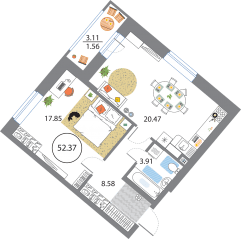 ЖК «Modum», планировка 1-комнатной квартиры, 52.37 м²