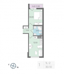 ЖК «Цветной город», планировка 1-комнатной квартиры, 30.10 м²