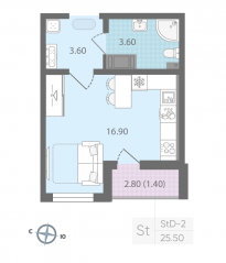 ЖК «Цветной город», планировка студии, 25.50 м²