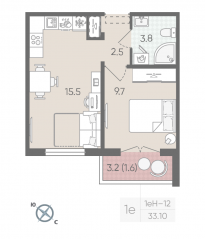 ЖК «Цветной город», планировка 1-комнатной квартиры, 33.10 м²