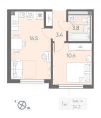 МЖК «Пулково Lake», планировка 1-комнатной квартиры, 34.30 м²