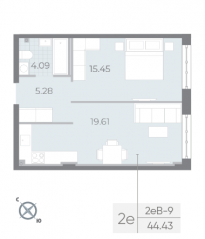 ЖК «Neva Residence», планировка 1-комнатной квартиры, 44.50 м²