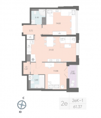 ЖК «Цивилизация на Неве», планировка 2-комнатной квартиры, 61.37 м²