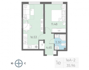 ЖК «Морская миля», планировка 1-комнатной квартиры, 35.96 м²
