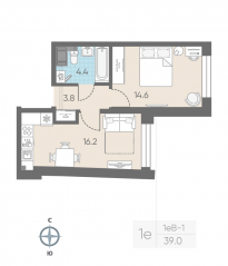 ЖК «ЛСР. Измайловский», планировка 1-комнатной квартиры, 39.00 м²