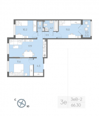 МЖК «Пулково Lake», планировка 3-комнатной квартиры, 66.30 м²