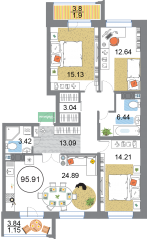 ЖК «Modum», планировка 3-комнатной квартиры, 95.91 м²