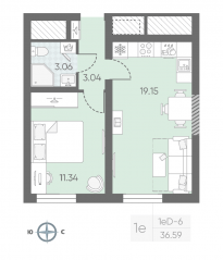 ЖК «Морская миля», планировка 1-комнатной квартиры, 36.74 м²
