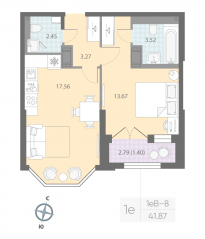 ЖК «Цивилизация на Неве», планировка 1-комнатной квартиры, 41.87 м²