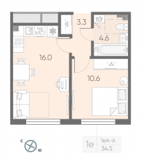 МЖК «Пулково Lake», планировка 1-комнатной квартиры, 34.50 м²