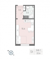 ЖК «Цветной город», планировка студии, 22.60 м²