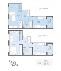МЖК «Пулково Lake», планировка 3-комнатной квартиры, 78.50 м²