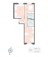 ЖК «Цивилизация на Неве», планировка 2-комнатной квартиры, 64.03 м²