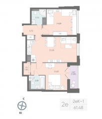 ЖК «Цивилизация на Неве», планировка 2-комнатной квартиры, 61.48 м²