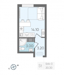 ЖК «Октябрьская набережная», планировка студии, 20.30 м²