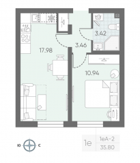 ЖК «Морская миля», планировка 1-комнатной квартиры, 35.92 м²