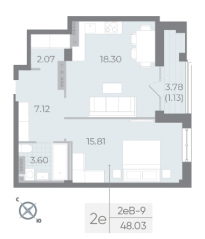 ЖК «Neva Residence», планировка 1-комнатной квартиры, 48.90 м²