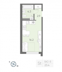 МЖК «Пулково Lake», планировка студии, 23.40 м²