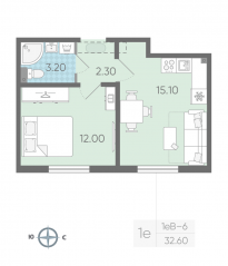 ЖК «ЛСР. Ржевский парк», планировка 1-комнатной квартиры, 33.40 м²