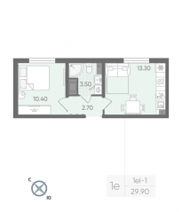 ЖК «Ручьи», планировка 1-комнатной квартиры, 29.90 м²