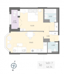 ЖК «Цивилизация на Неве», планировка 1-комнатной квартиры, 46.14 м²