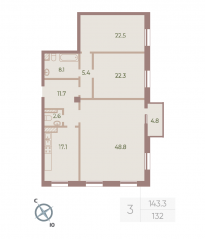 ЖК «Neva Haus», планировка 3-комнатной квартиры, 140.90 м²