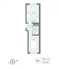 ЖК «Ручьи», планировка 1-комнатной квартиры, 32.30 м²