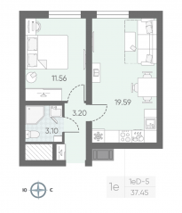 ЖК «Морская миля», планировка 1-комнатной квартиры, 37.63 м²