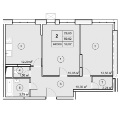 ЖК «Экоград Новый Катуар», планировка 2-комнатной квартиры, 59.80 м²
