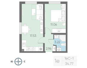 ЖК «Морская миля», планировка 1-комнатной квартиры, 34.77 м²