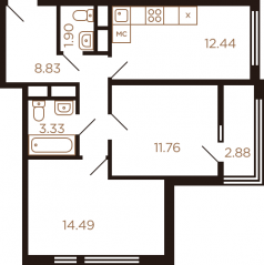 ЖК Миниполис «Рафинад», планировка 2-комнатной квартиры, 52.70 м²