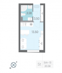 ЖК «Ручьи», планировка студии, 20.20 м²