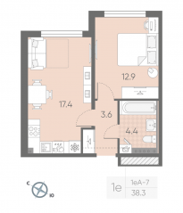 МЖК «Пулково Lake», планировка 1-комнатной квартиры, 38.30 м²