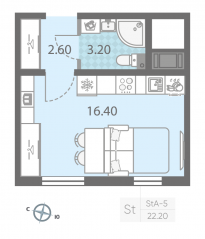 ЖК «ЛСР. Ржевский парк», планировка студии, 22.20 м²