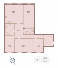ЖК «Neva Haus», планировка 4-комнатной квартиры, 178.10 м²