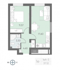 ЖК «Морская миля», планировка 1-комнатной квартиры, 37.29 м²