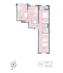 ЖК «Цивилизация на Неве», планировка 3-комнатной квартиры, 90.10 м²