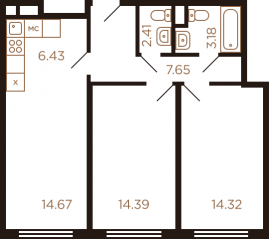 ЖК Миниполис «Рафинад», планировка 3-комнатной квартиры, 63.05 м²