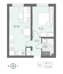 ЖК «Морская миля», планировка 1-комнатной квартиры, 36.10 м²